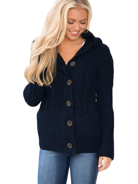 Navy Blue Cable Knit Faux Fur-Lined Hooded Sweater Coat