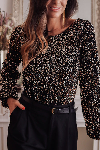 Women's Black Sequin Puff Sleeve Bodysuit with Deep V Back - Chic Party Top for Effortless Glam and Sophisticated Style