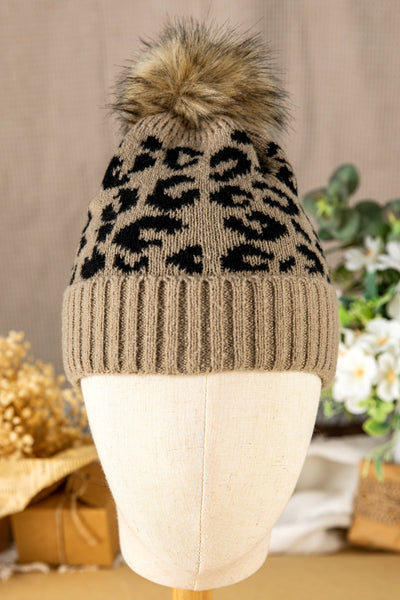 Women's Light Beige Leopard Knit Beanie with Faux Fur Pom