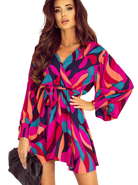 Lapel Print Lace-Up Long Sleeve Dress