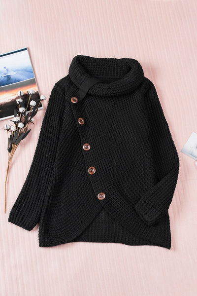 Cozy Black Button-Up Turtleneck Sweater for Women - Versatile Chic Style with a Comfortable Fit