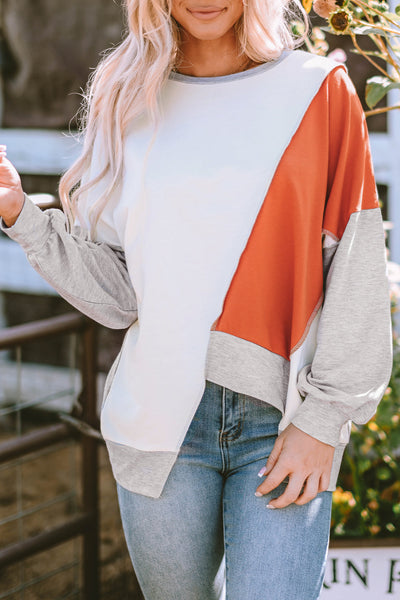 Trendy Women's Khaki Colorblock Long Sleeve Top with Irregular Hem for Effortless Casual Everyday Style