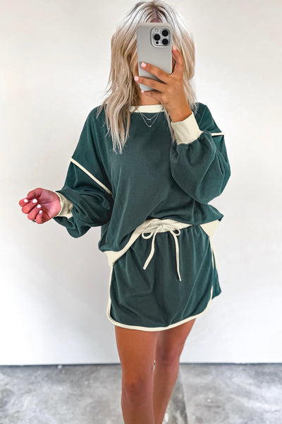 Chic Women's Evergreen Color Block Pullover & Lace-Up Waist Skort Set - Casual, Comfortable Everyday Outfit