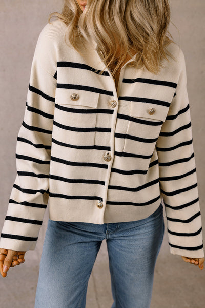 Stylish Women's Black Striped Cardigan Sweater with Flap Pockets and Button Closure for Effortless Layering