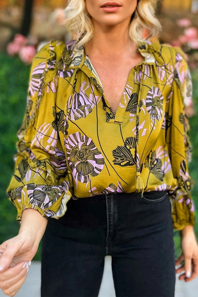 Women's Vintage Floral Blouse in Yellow - Stylish V-Neck Top with Ruffle Trim and Long Sleeves for Any Occasion