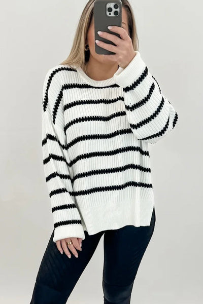 Cozy Women's Black Striped Ribbed Knit Sweater with Drop Shoulders - Relaxed Fit for Effortless Casual Style