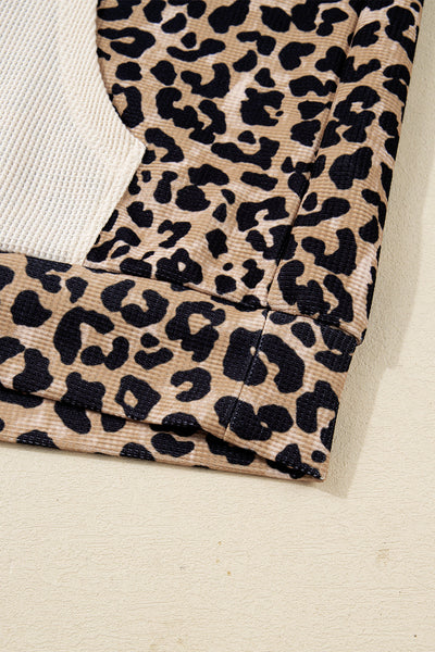 Women's Leopard Print Waffle Knit Hoodie with Kangaroo Pocket
