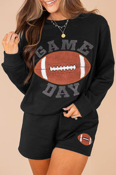 Women's Black Rugby Graphic Pullover & Shorts Set - Casual Athletic Outfit for Game Day Sports Fans