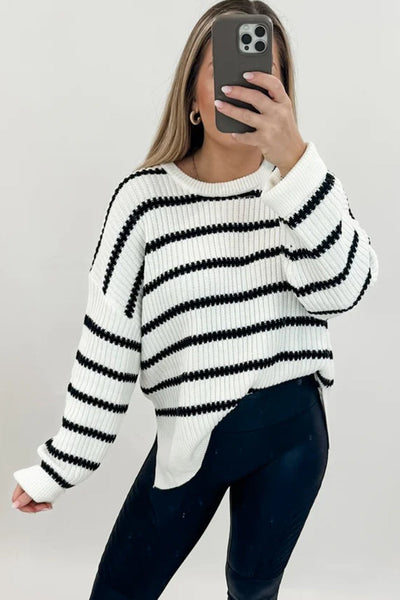 Cozy Women's Black Striped Ribbed Knit Sweater with Drop Shoulders - Relaxed Fit for Effortless Casual Style