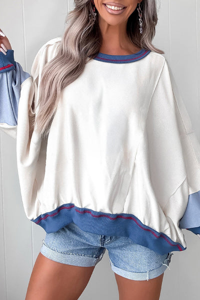 Trendy Women's Beige Colorblock Oversized Sweatshirt with Cozy Fit and Stylish Contrast Trim