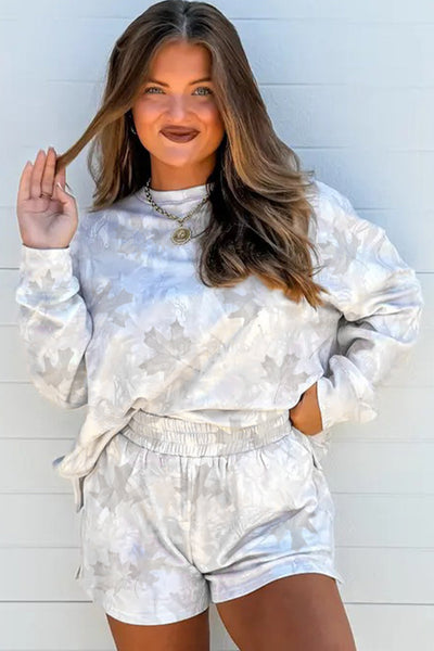 Beige Camo Print Pullover Top with Elastic Waist Casual Shorts Set for Women Stylish & Comfortable Summer Outfit