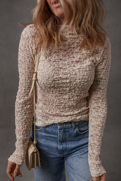 Elegant Blue Women's Lace Textured Slim Fit Mock Neck Long Sleeve Top for Stylish Casual Outfits