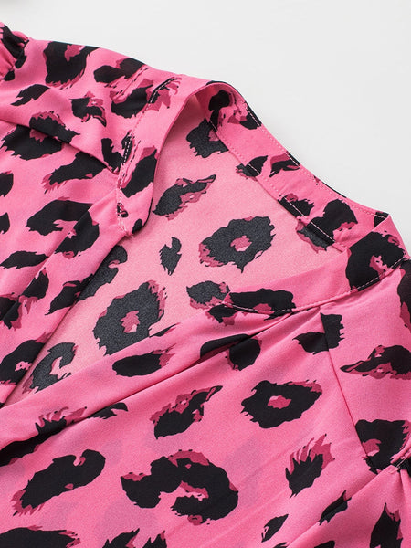 Pink Leopard Notch Neck Bubble Sleeve Top