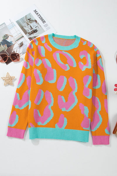 Women's Stylish Orange Leopard Colorblock Sweater - Cozy Knit Top with Ribbed Edges for Trendy Fall Fashion