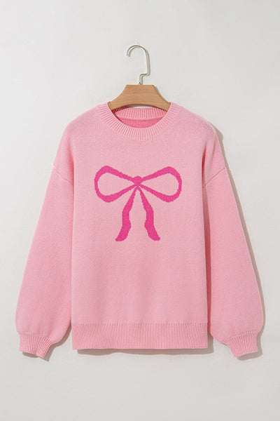 Cozy Women's Pink Bow Graphic Drop Shoulder Sweater - Casual Chic Round Neck Top for Effortless Style