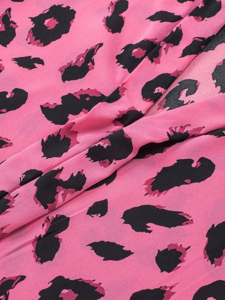 Pink Leopard Notch Neck Bubble Sleeve Top