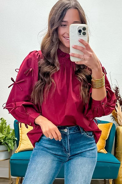 Elegant Women's Red Dahlia Long Sleeve Blouse with Frilled Neck and Bow Detail Perfect for Casual and Formal Occasions