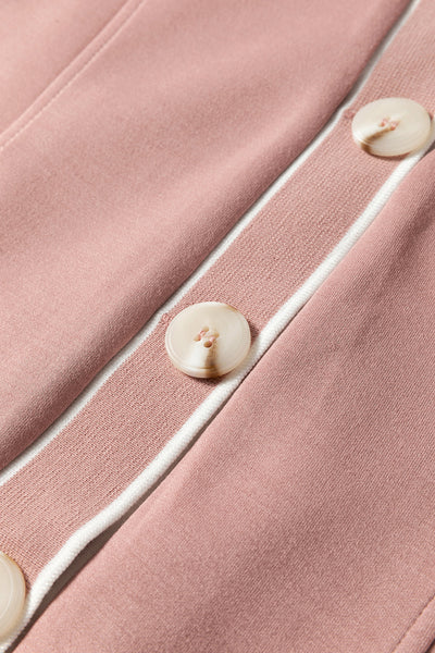 Women's Pink Striped Knit Cardigan with Contrast Trim, V-Neck, Button Front, and Pocket - Stylish & Cozy Layering Piece