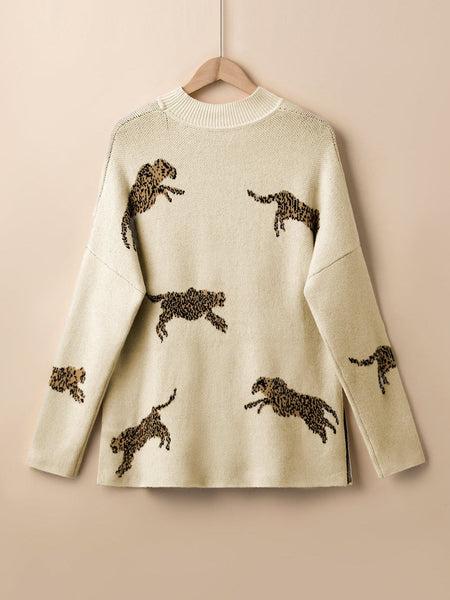 Vibrant Cheetah Print High Neck Split Hem Sweater