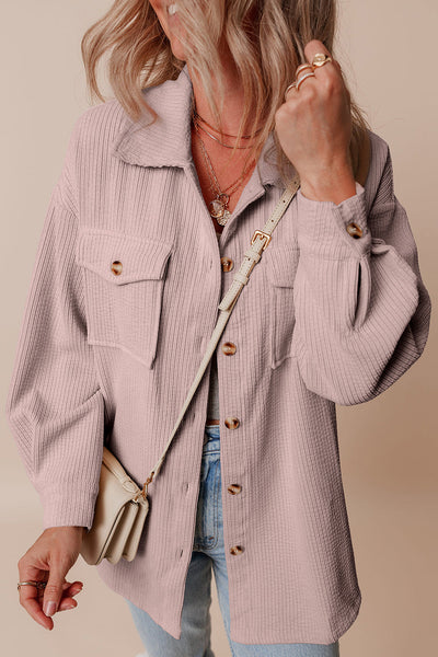 Trendy Women's Light Pink Corduroy Shacket with Flap Pockets and Button Closure - Stylish Layering Essential