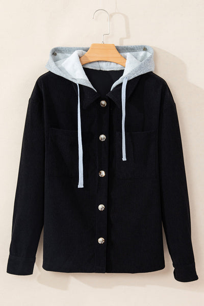 Stylish Women's Black Corduroy Hooded Shacket with Drawstring and Pockets - Perfect Casual Layering for Every Season