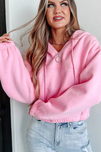 Trendy Women's Pink Cropped Hoodie Sweatshirt with Quarter Zip and Drop Shoulder for a Relaxed, Stylish Look