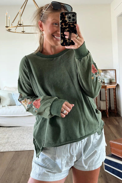 Women's Casual Mist Green Floral Embroidered Sweatshirt with Drop Shoulders and Raw Edge Detail