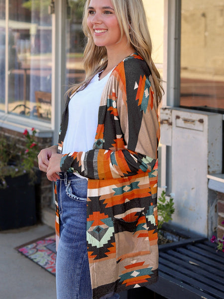 Orange Tribal Aztec Print Western Cardigan