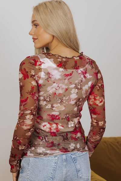 Elegant Women's Red Floral Print Sheer Mesh Long Sleeve Blouse Lightweight Summer Top for Chic and Stylish Looks