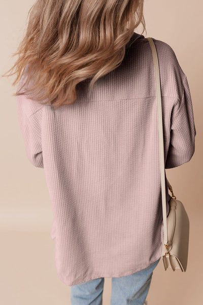Trendy Women's Light Pink Corduroy Shacket with Flap Pockets and Button Closure - Stylish Layering Essential