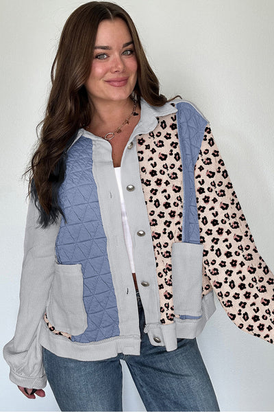 Chic Women's Sky Blue Leopard Print Quilted Jacket - Cozy Waffle Knit Button Front for Stylish Layering