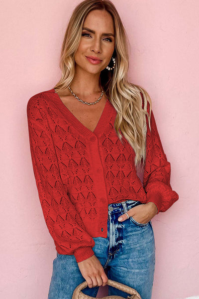 Women's Crimson Pointelle Knit Crochet V-Neck Cardigan