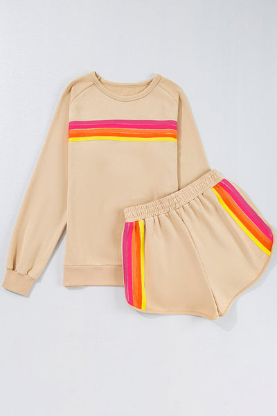 Women's Casual Apricot Striped Pullover and Shorts Set - Comfy Summer Two-Piece Outfit for Effortless Style