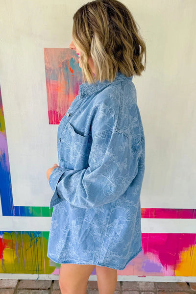 Women's Casual Denim Shacket with Floral Butterfly Print, Double Patch Pockets, Trendy Relaxed Fit for Everyday Wear