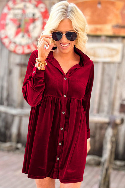 Chic Women's Fiery Red Velvet Long Sleeve Ruffle Dress - Stylish Button-Up Fit Perfect for Special Occasions