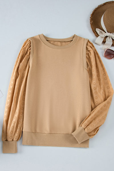 Stylish Women's Pale Khaki Round Neck Sweatshirt with Patchwork Sleeves - Comfortable Casual Top for Everyday Style