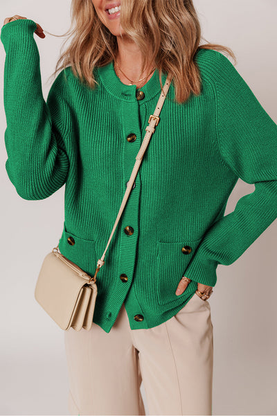 Women's Kelly Green Ribbed Knit Button-Front Cardigan