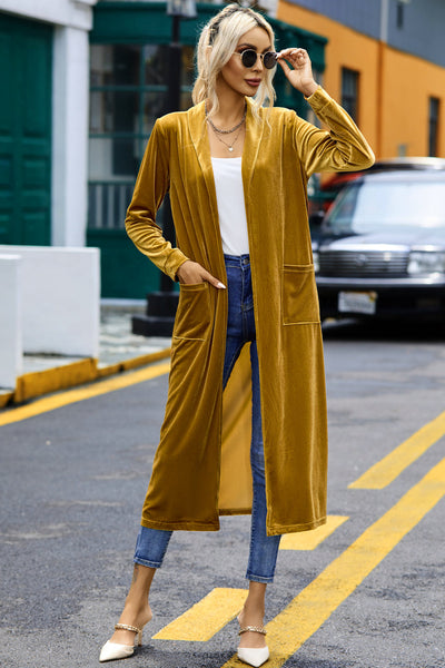 Stylish Women's Yellow Velvet Duster Coat with Pockets - Comfortable Open Front Design for Effortless Chic Looks