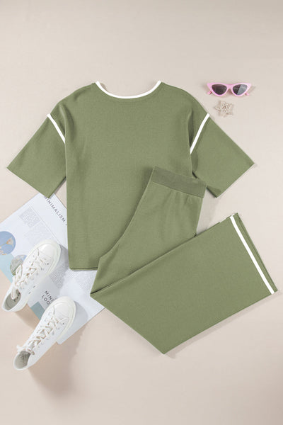 Women's Guacamole Green Knit Wide-Leg Two-Piece Lounge Set