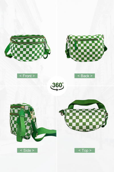 Women's Green Checkered Nylon Crossbody Bag with Wide Strap