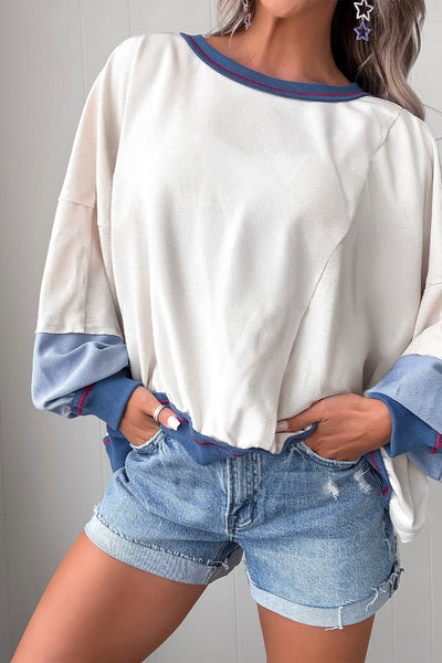 Trendy Women's Beige Colorblock Oversized Sweatshirt with Cozy Fit and Stylish Contrast Trim