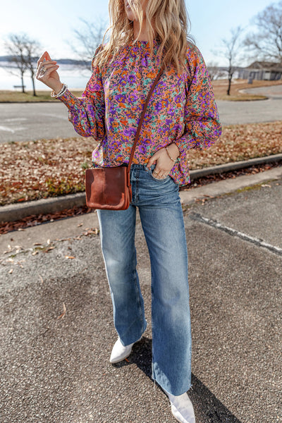 Elegant Women's Purple Floral Blouse with Frilled Neckline & Shirred Cuffs - Perfect for Casual or Formal Occasions