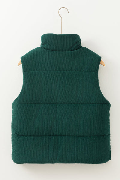 Chic Women's Jungle Green Corduroy Puffer Vest with Stand Collar and Zipper  Cozy Layer for Trendy Fall Looks