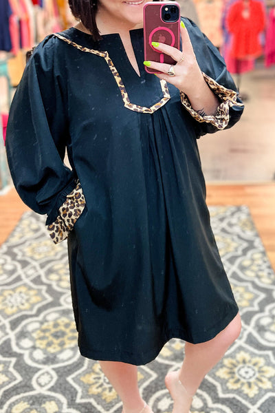 Plus Size Women's Effortless Black Shift Dress with Notched Neck, Flounce Long Sleeves, and Chic Leopard Trim