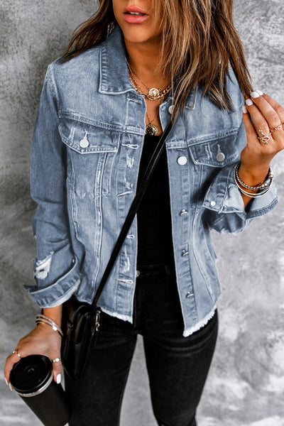 Women's Sky Blue Lapel Distressed Raw Hem Buttons Denim Jacket