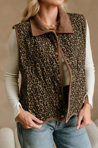 Women's Khaki Leopard Print Patchwork Vest with Corduroy Trim and Contrast Collar Stylish, Casual Layering Piece made for easy styling and wardrobe