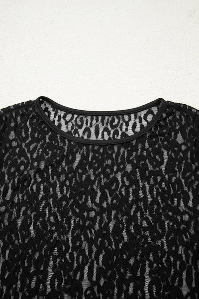 Women's Black Leopard Print Sheer Mesh Long Sleeve Blouse - Trendy, Lightweight, Perfect for Layering and Styling