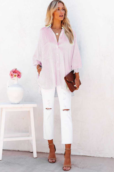 Women'S Solid Color V-Neck Denim Shirt With Short Sleeves