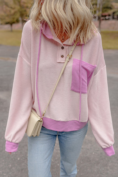 Casual Light Pink Colorblock Hooded Sweatshirt for Women with Drawstring and Patch Pockets Trendy Everyday Wear