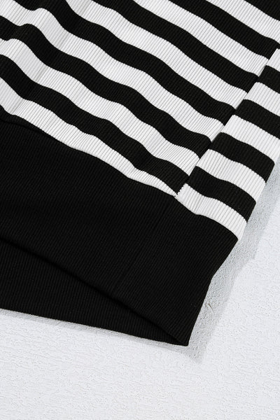 Women's Black and White Stripe Crochet V-Neck Top with Hollow-Out Back and Buttoned Shoulders for a Stylish Look